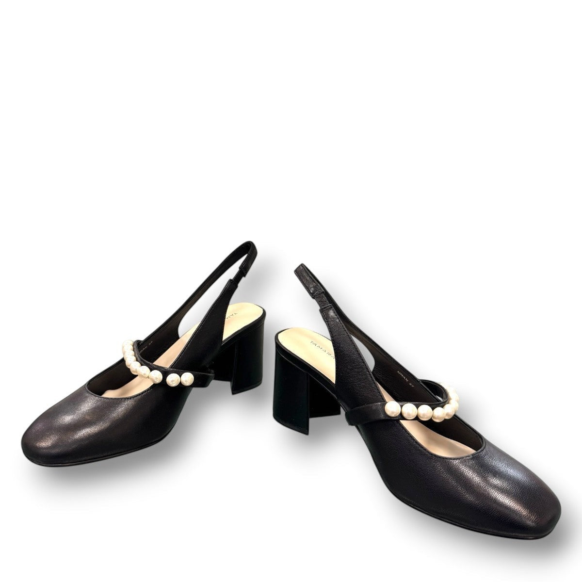 Tamara London Drax black leather slingback heels with pearl embellishment and a comfortable block heel.