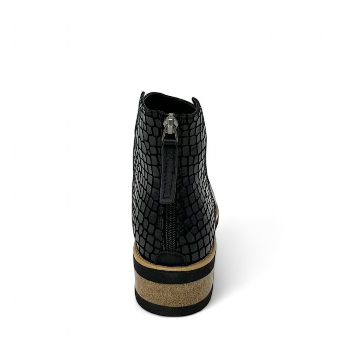 Tamara London Duck black two-tone ankle boot with croc-embossed heel and stacked wood sole