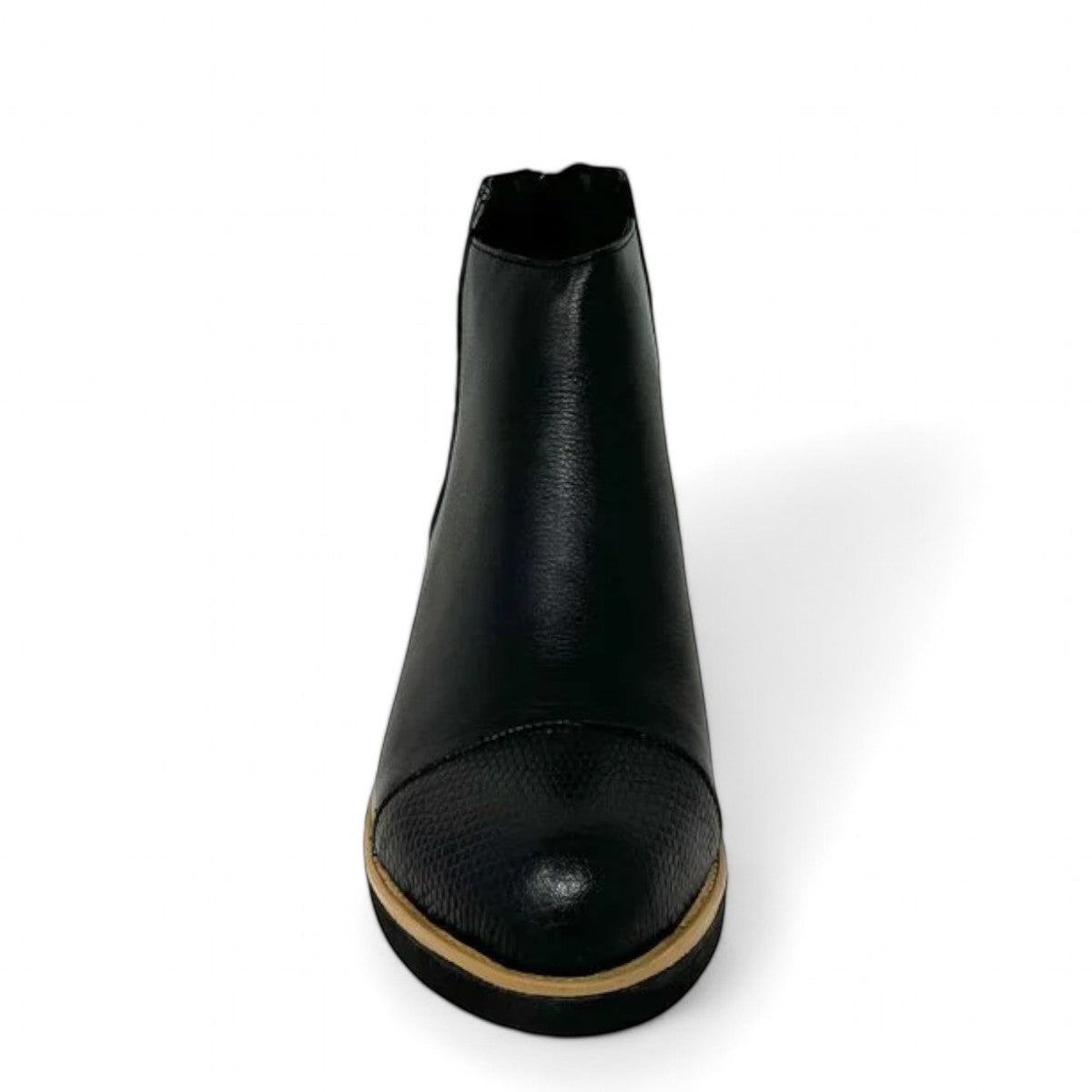 Tamara London Duck black two-tone ankle boot with croc-embossed heel and stacked wood sole