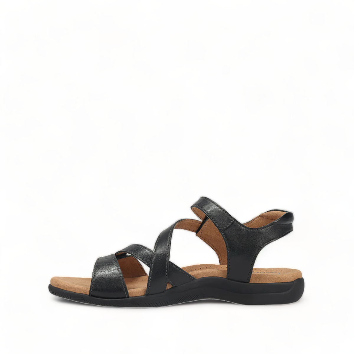 Taos Big Time black leather walking sandals with adjustable hook and loop straps and arch support. Photo of inside side view.