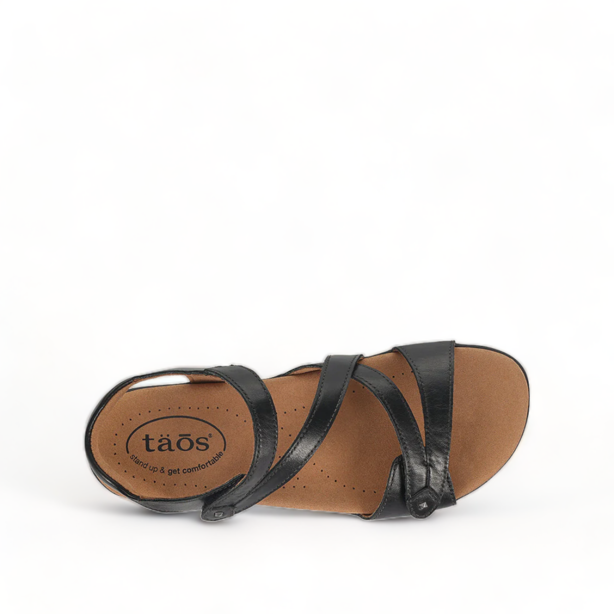 Taos Big Time black leather walking sandals with adjustable hook and loop straps and arch support. Photo of upper view.
