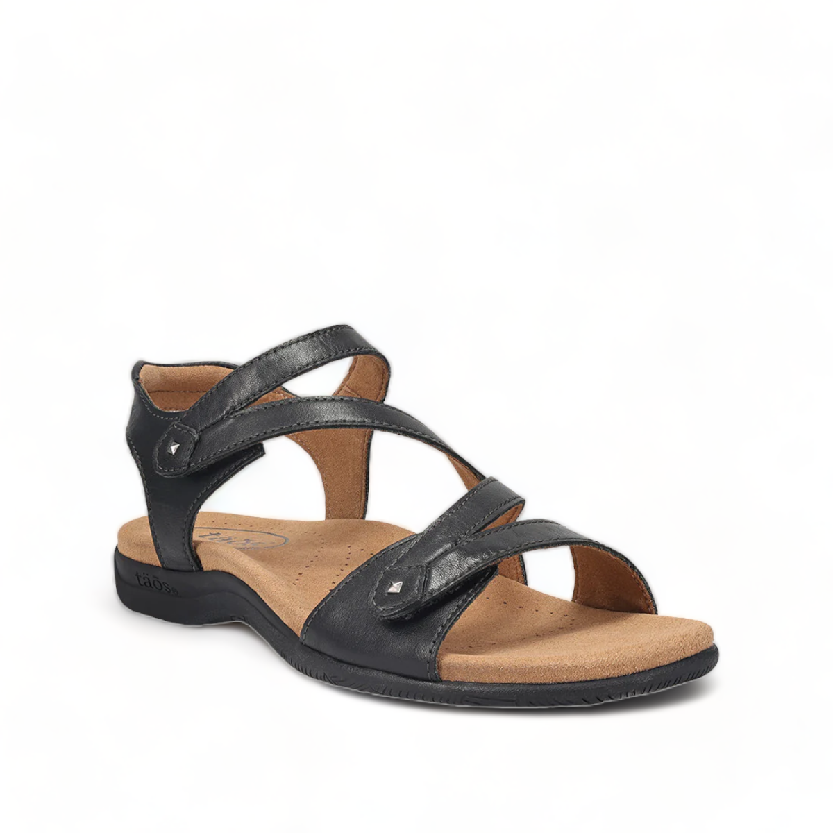 Taos Big Time black leather walking sandals with adjustable hook and loop straps and arch support. Photo of front view.