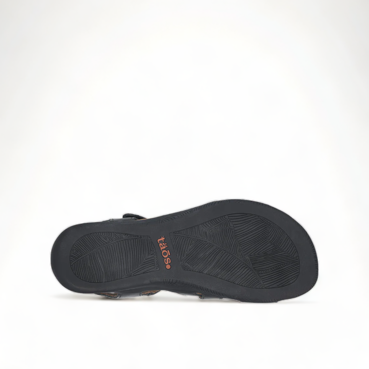 Taos Big Time black leather walking sandals with adjustable hook and loop straps and arch support. Photo of bottom view.