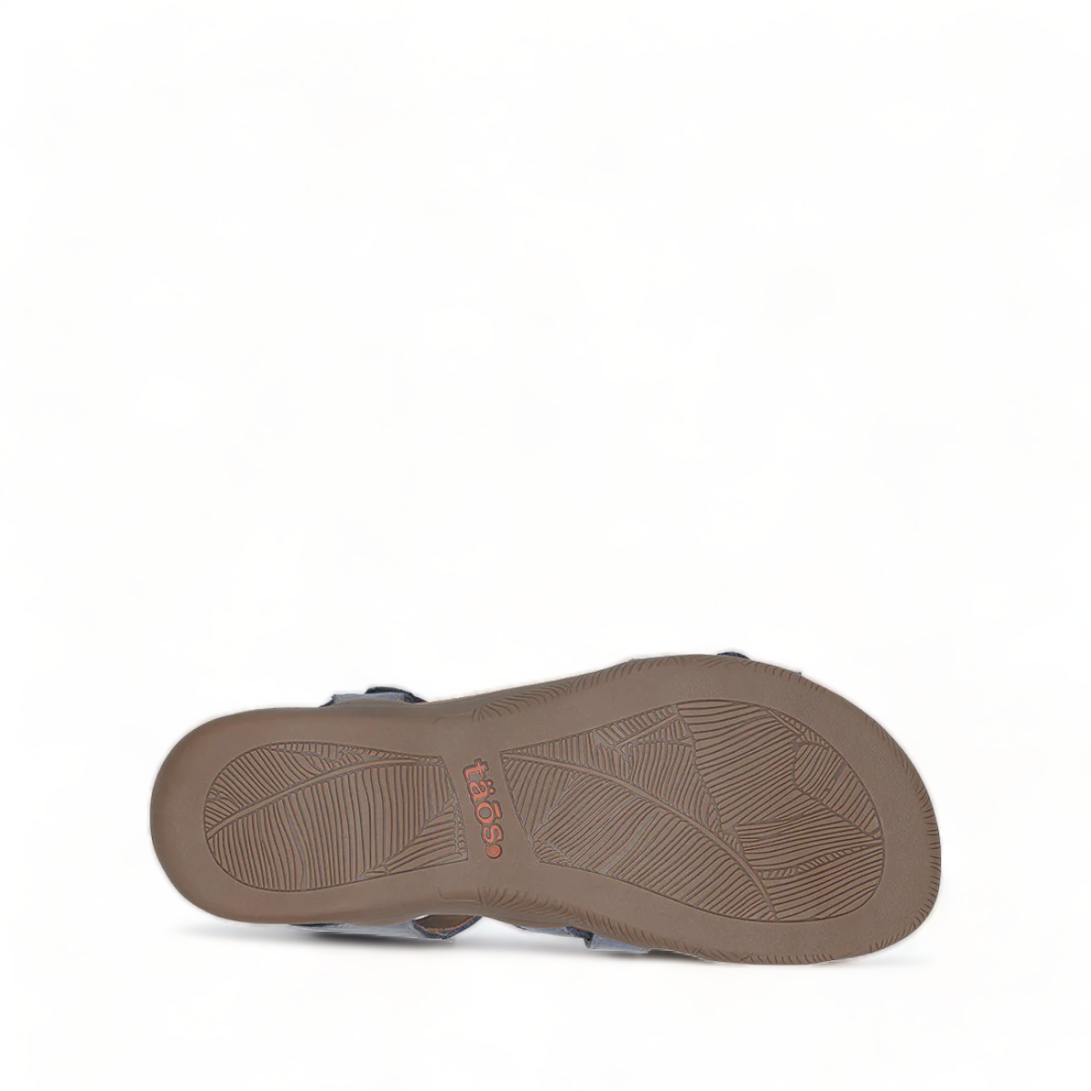 Taos Big Time dark blue leather walking sandals with adjustable straps and cushioned arch support. Photo of bottom view.