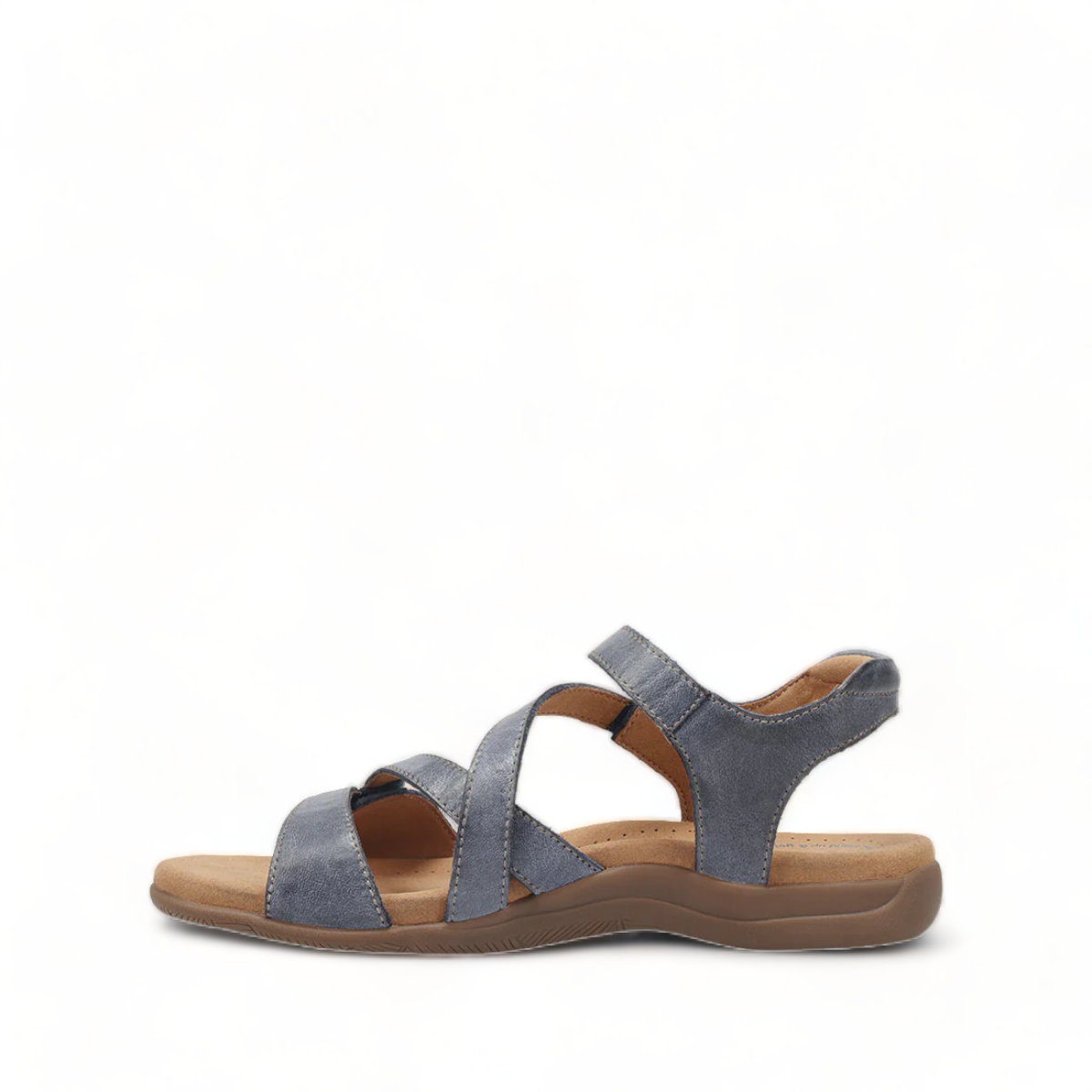 Taos Big Time dark blue leather walking sandals with adjustable straps and cushioned arch support. Photo of inside side view.