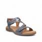 Taos Big Time dark blue leather walking sandals with adjustable straps and cushioned arch support. Photo of front view.