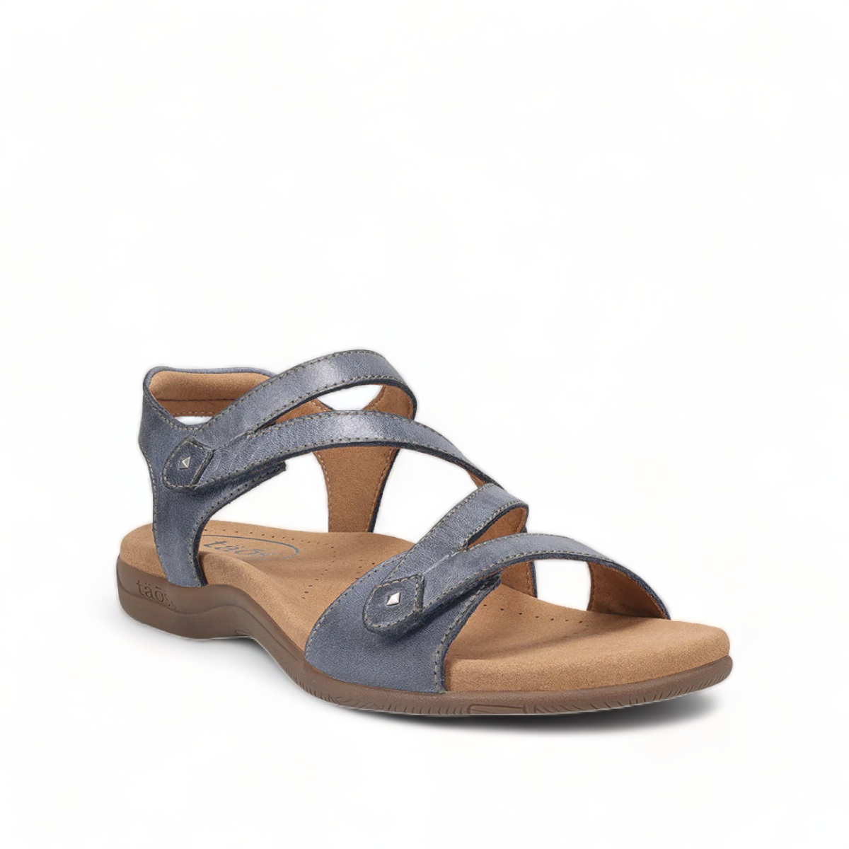 Taos Big Time dark blue leather walking sandals with adjustable straps and cushioned arch support. Photo of front view.