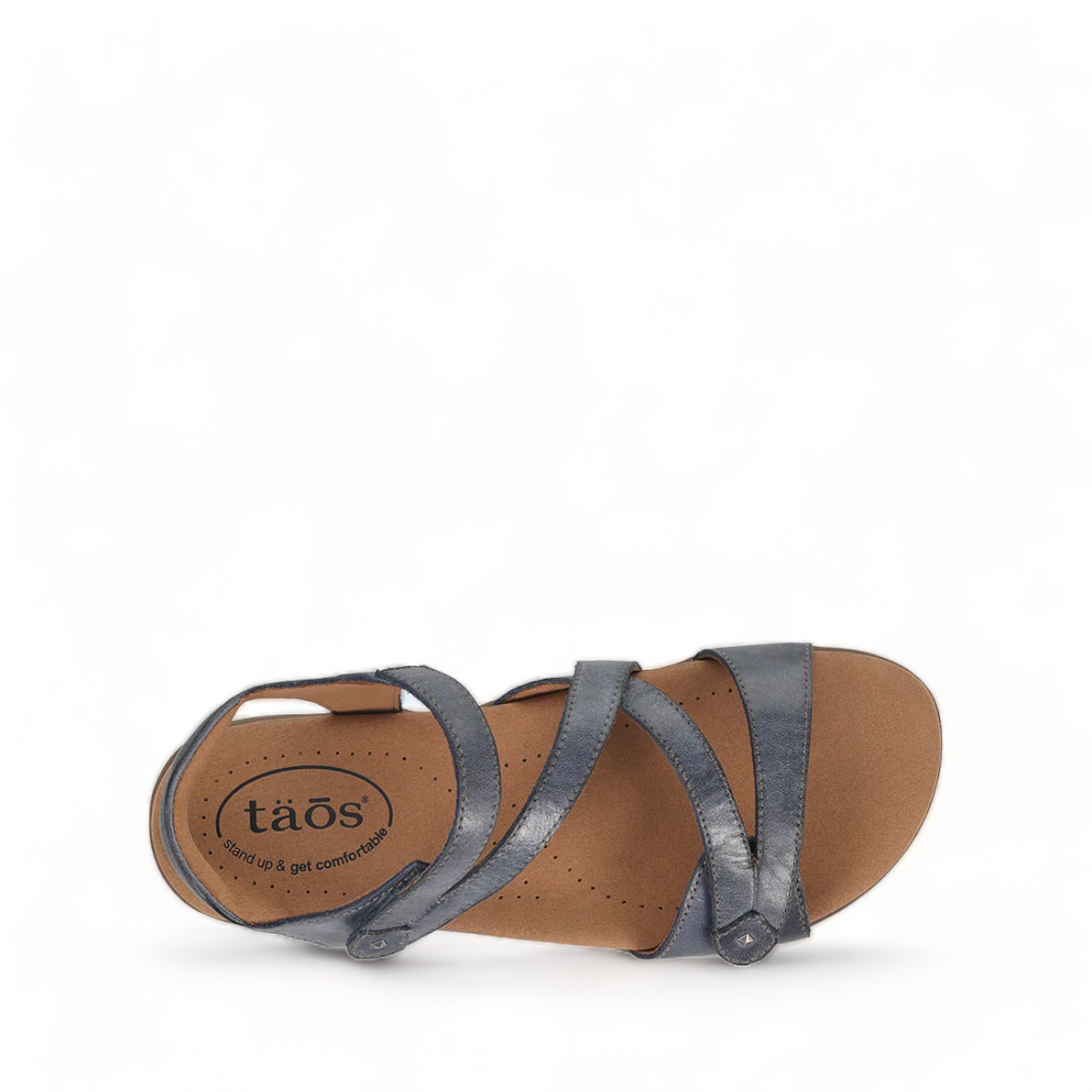 Taos Big Time dark blue leather walking sandals with adjustable straps and cushioned arch support. Photo of upper view.