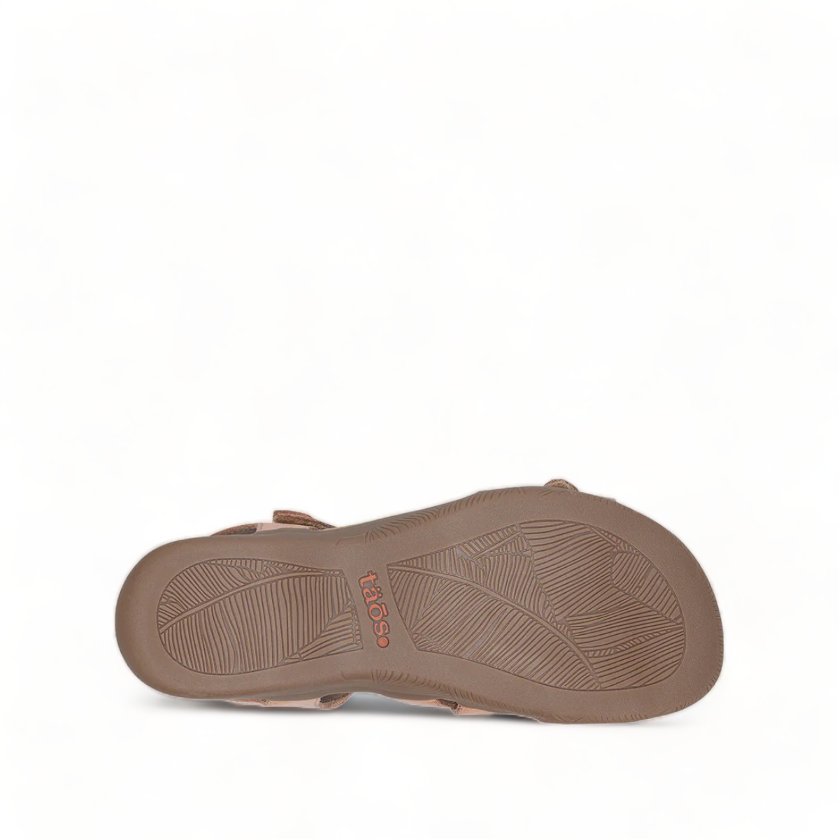 Taos Big Time natural leather sandals with adjustable straps, arch support, and a cushioned footbed. Photo of bottom view.