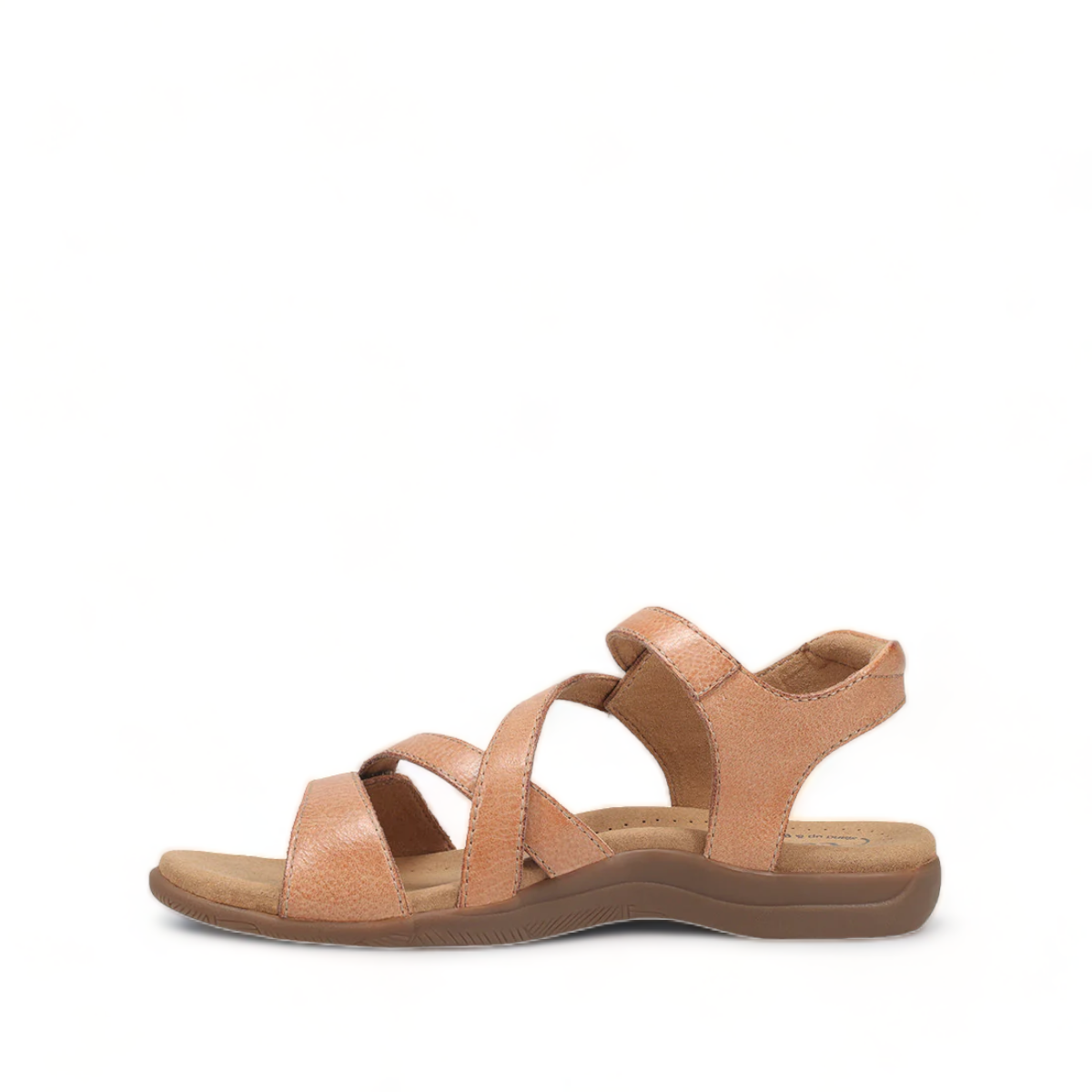 Taos Big Time natural leather sandals with adjustable straps, arch support, and a cushioned footbed. Photo of inside side view.