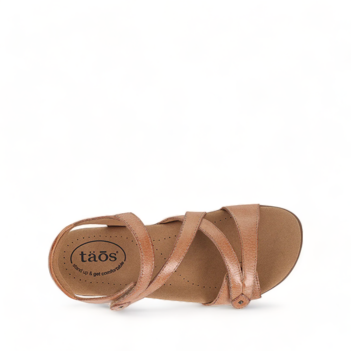 Taos Big Time natural leather sandals with adjustable straps, arch support, and a cushioned footbed. Photo of upper view.