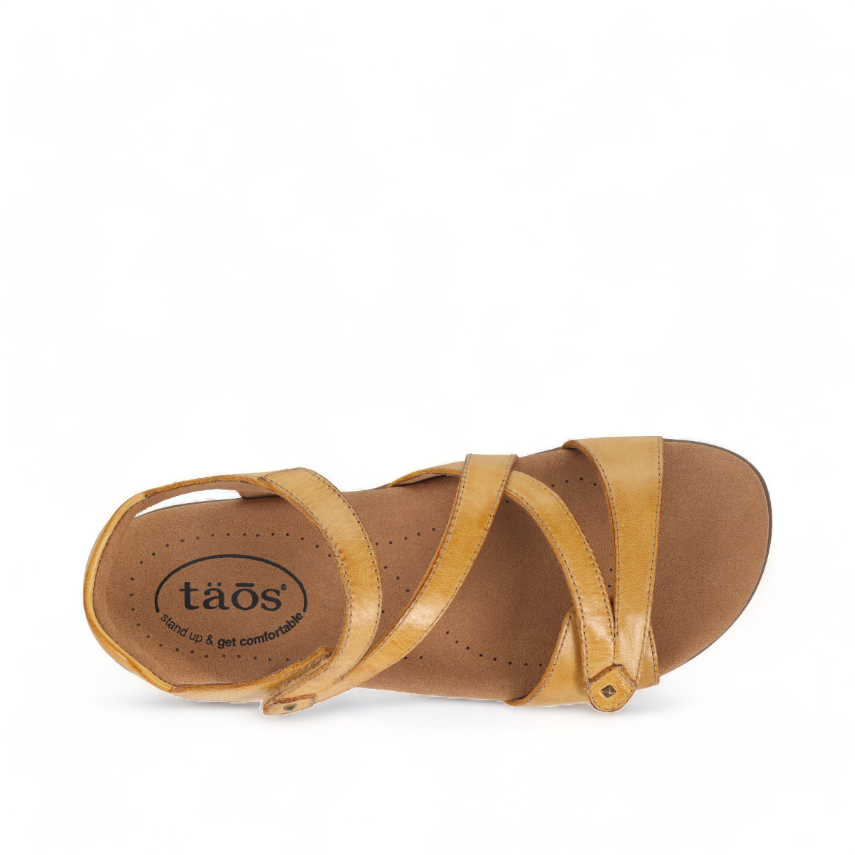 Taos Big Time yellow leather walking sandals with adjustable straps and supportive arch footbed. Photo of upper view.