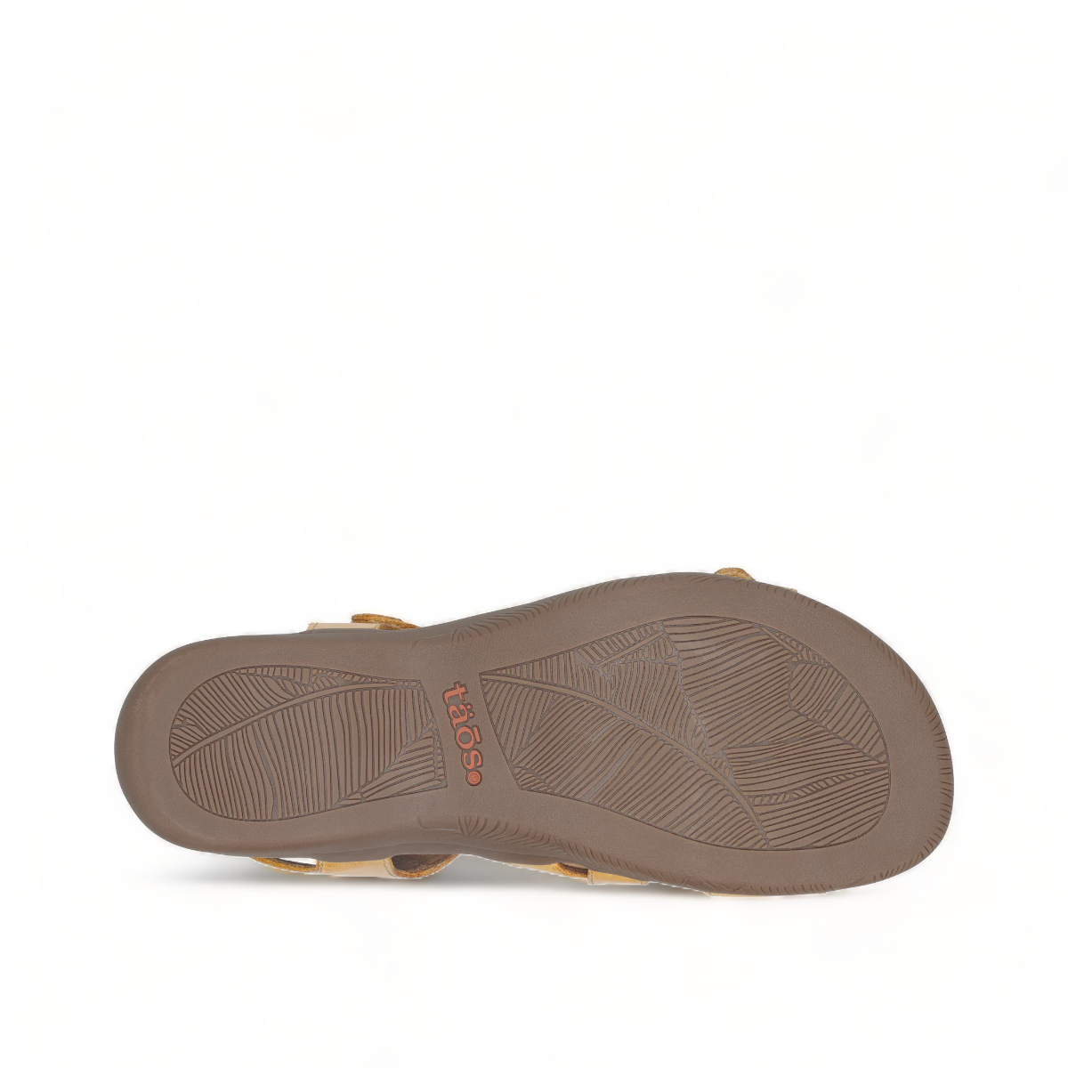Taos Big Time yellow leather walking sandals with adjustable straps and supportive arch footbed. Photo of bottom view.