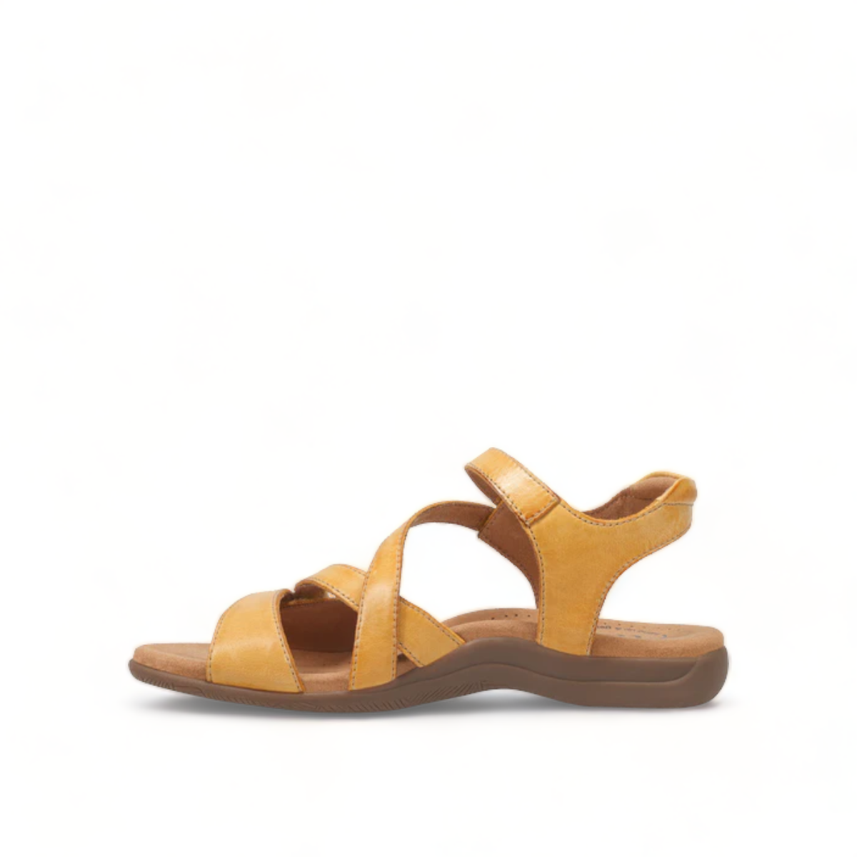 Taos Big Time yellow leather walking sandals with adjustable straps and supportive arch footbed. Photo of inside side view.