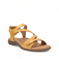 Taos Big Time yellow leather walking sandals with adjustable straps and supportive arch footbed. Photo of front view.