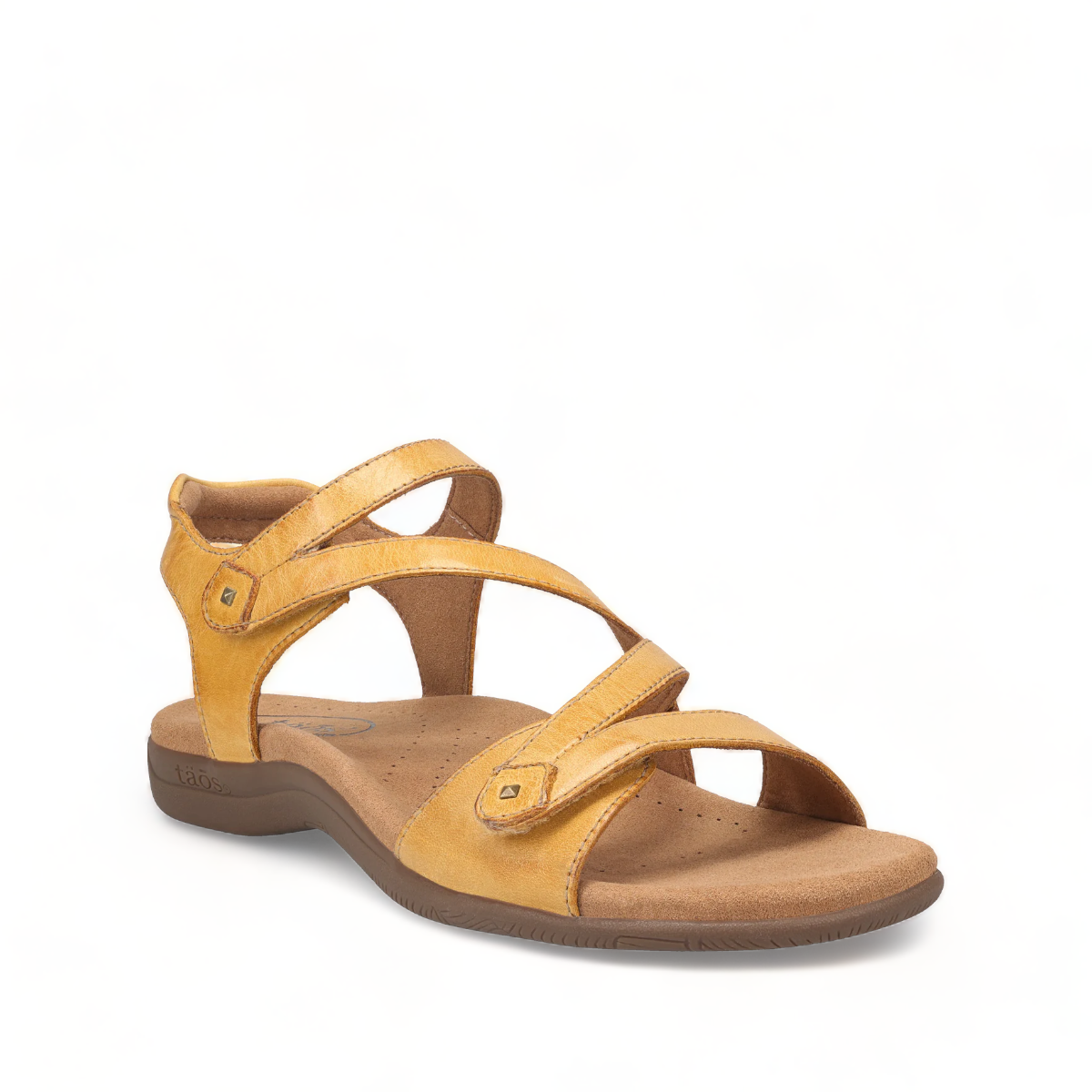 Taos Big Time yellow leather walking sandals with adjustable straps and supportive arch footbed. Photo of front view.