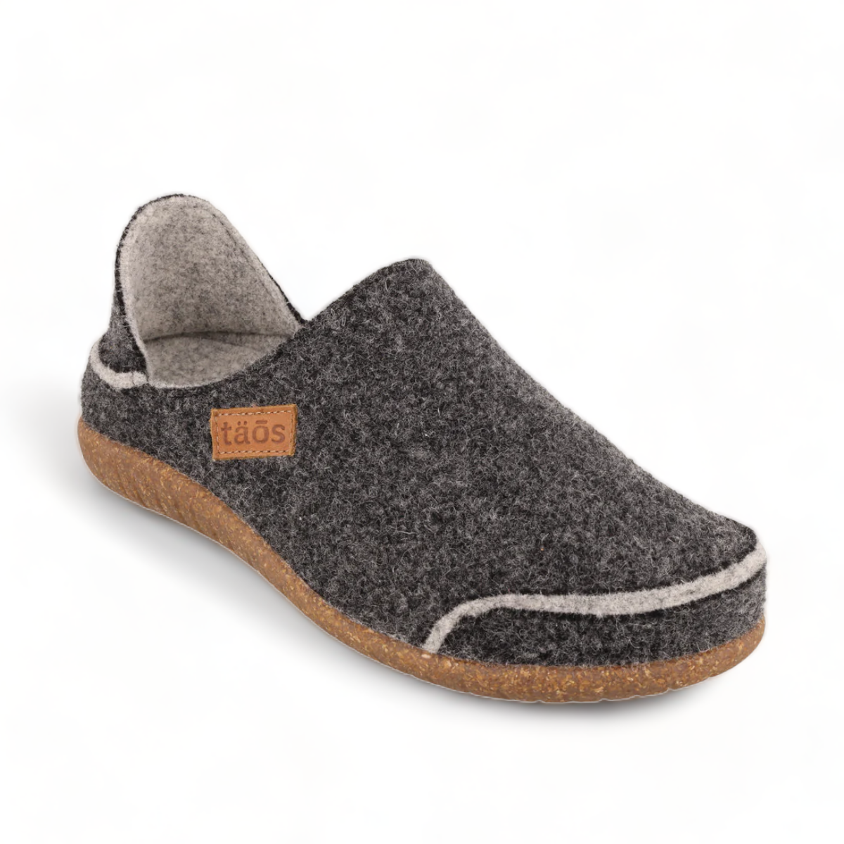 Taos Convertawool charcoal grey Italian wool slip-on shoe with a collapsible heel and cork-blend and wool lining sole. Photo of front view.