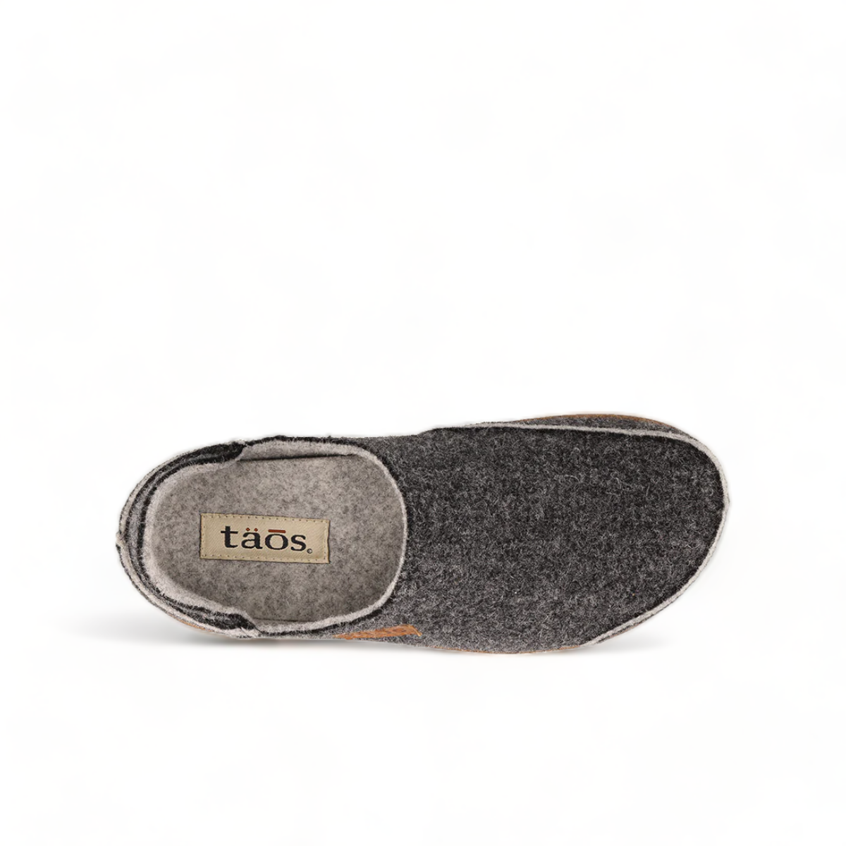 Taos Convertawool charcoal grey Italian wool slip-on shoe with a collapsible heel and cork-blend and wool lining sole. Photo of upper view.