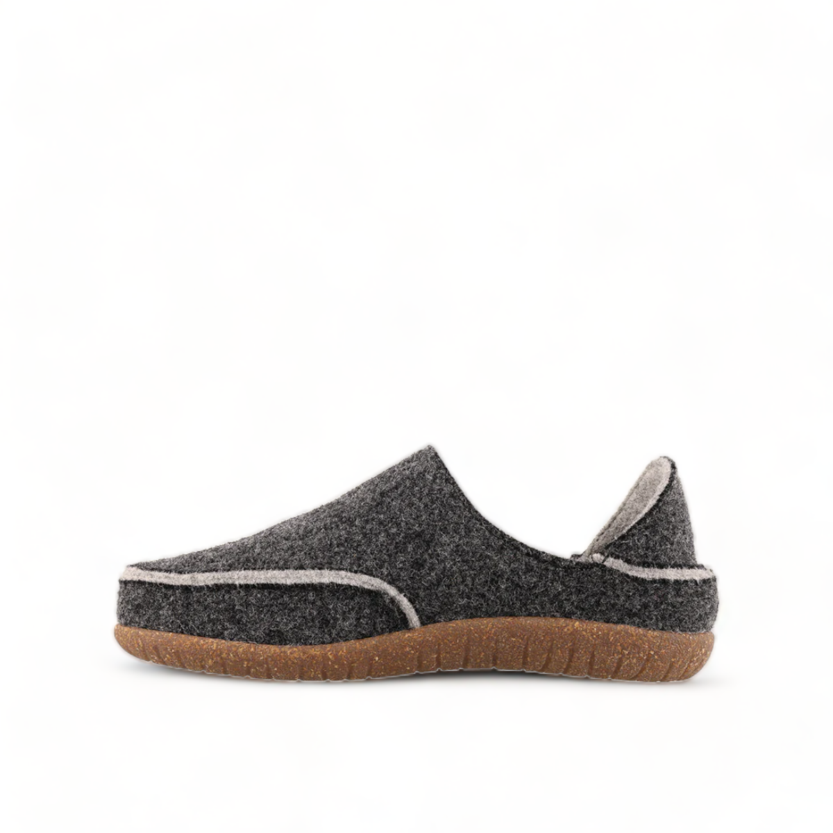 Taos Convertawool charcoal grey Italian wool slip-on shoe with a collapsible heel and cork-blend and wool lining sole. Photo of right side view.