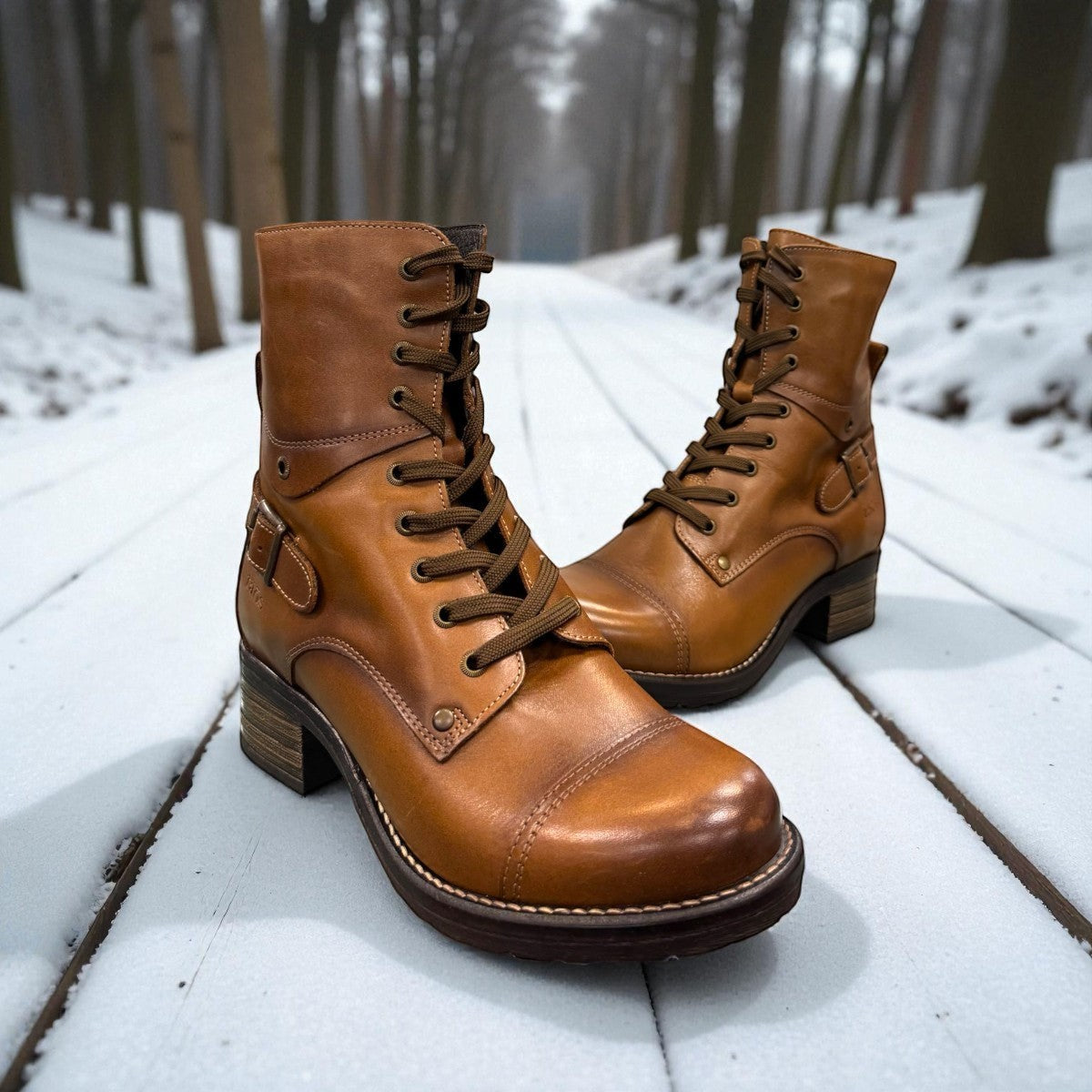 Taos Crave classic camel leather lace-up boot with side buckle and block heel. Photo of front view.