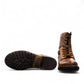 Taos Crave classic camel leather lace-up boot with side buckle and block heel. Photo of bottom view.