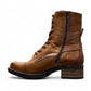 Taos Crave classic camel leather lace-up boot with side buckle and block heel. Photo of outside side view.
