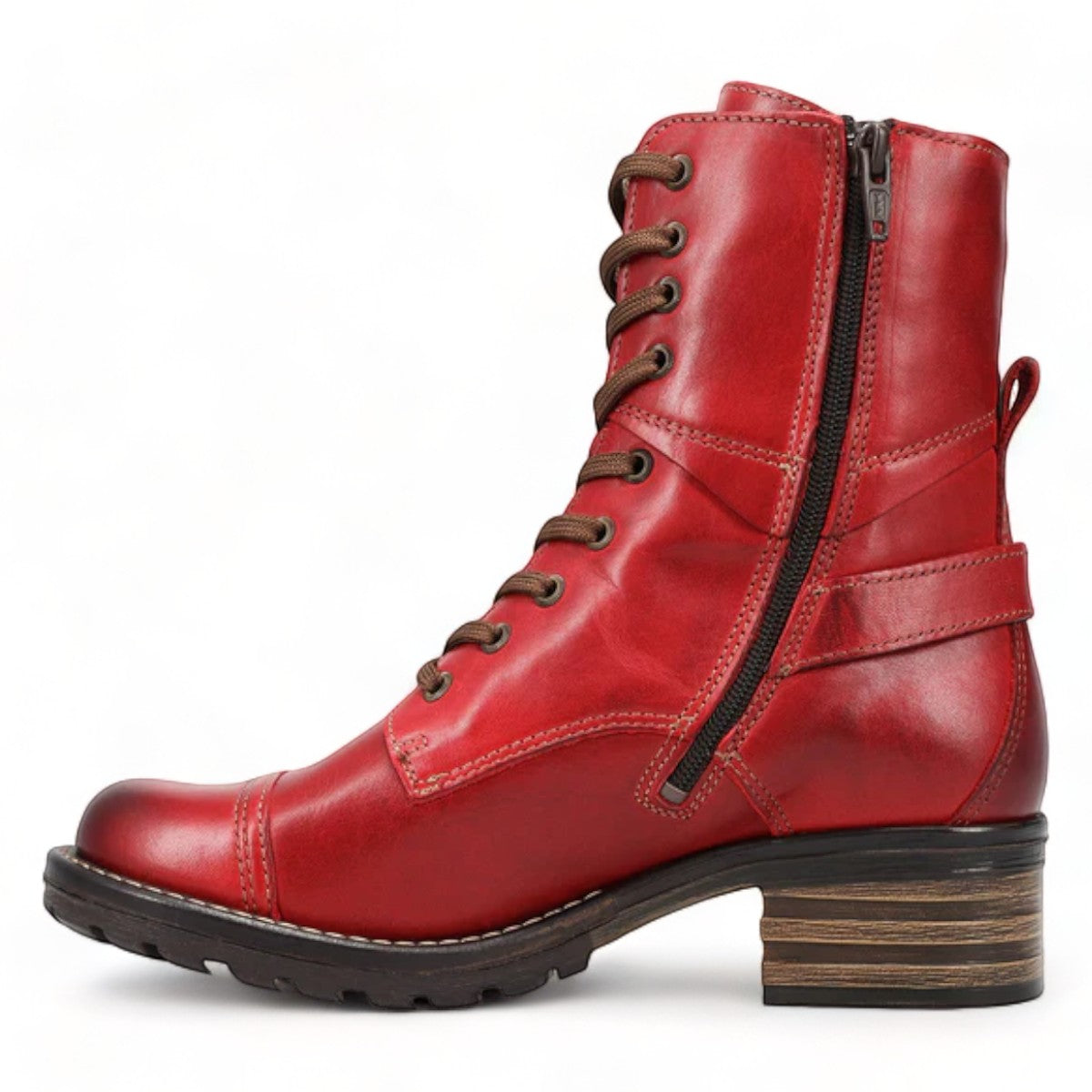 Taos Crave classic red leather lace-up boot with side buckle, inside zipper, and stacked block heel. Photo of inside side view.