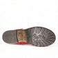 Taos Crave classic red leather lace-up boot with side buckle, inside zipper, and stacked block heel. Photo of bottom view.