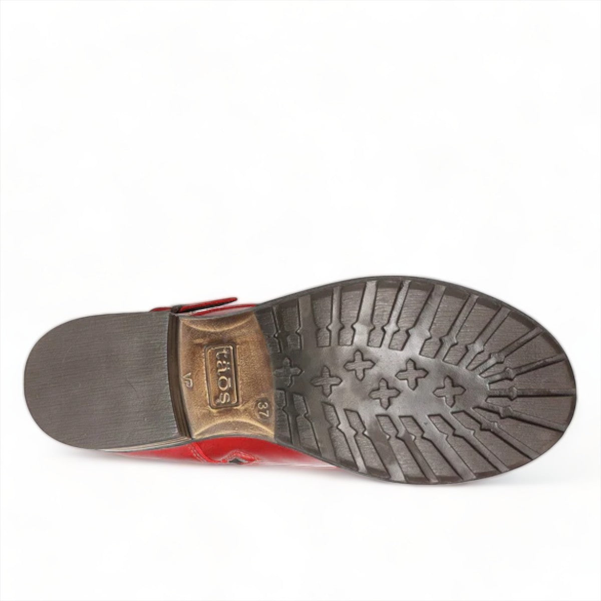 Taos Crave classic red leather lace-up boot with side buckle, inside zipper, and stacked block heel. Photo of bottom view.