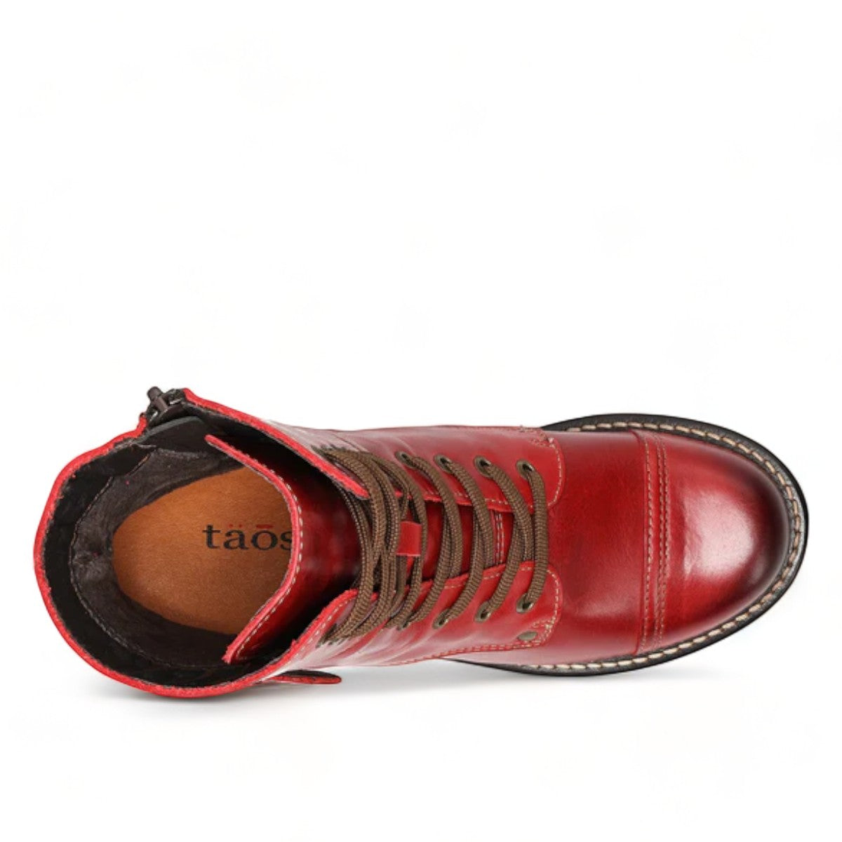 Taos Crave classic red leather lace-up boot with side buckle, inside zipper, and stacked block heel. Photo of upper view.