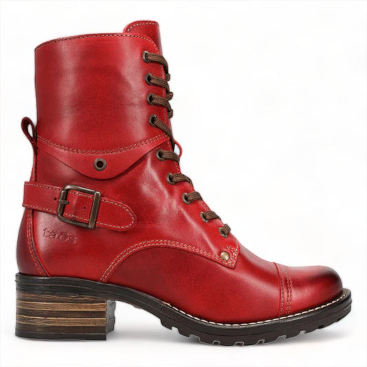Taos Crave classic red leather lace-up boot with side buckle, inside zipper, and stacked block heel. Photo of outside side view.