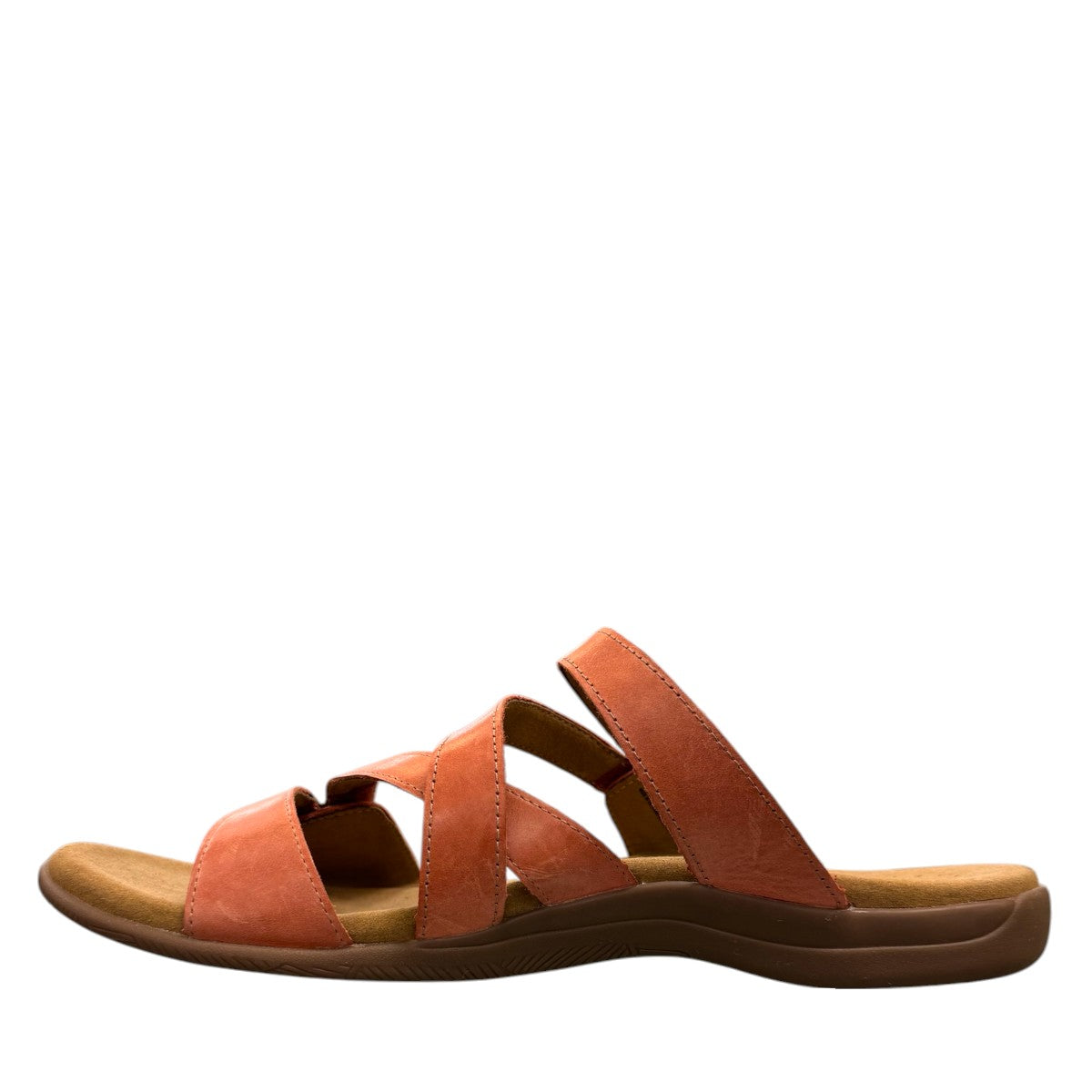 Taos Double U leather slide sandals in bruschetta red with adjustable hook and loop straps. Photo of inside side view.