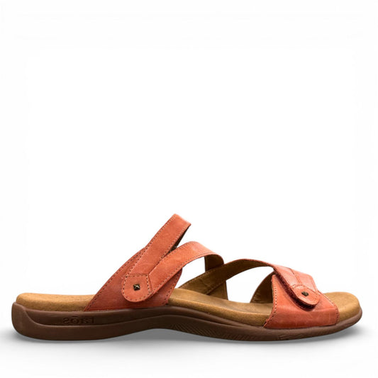 Taos Double U leather slide sandals in bruschetta red with adjustable hook and loop straps. Photo of outside side view.