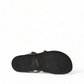 Taos Double U pewter leather slide sandal with adjustable hook and loop straps and cushioned footbed. Photo of bottom view.