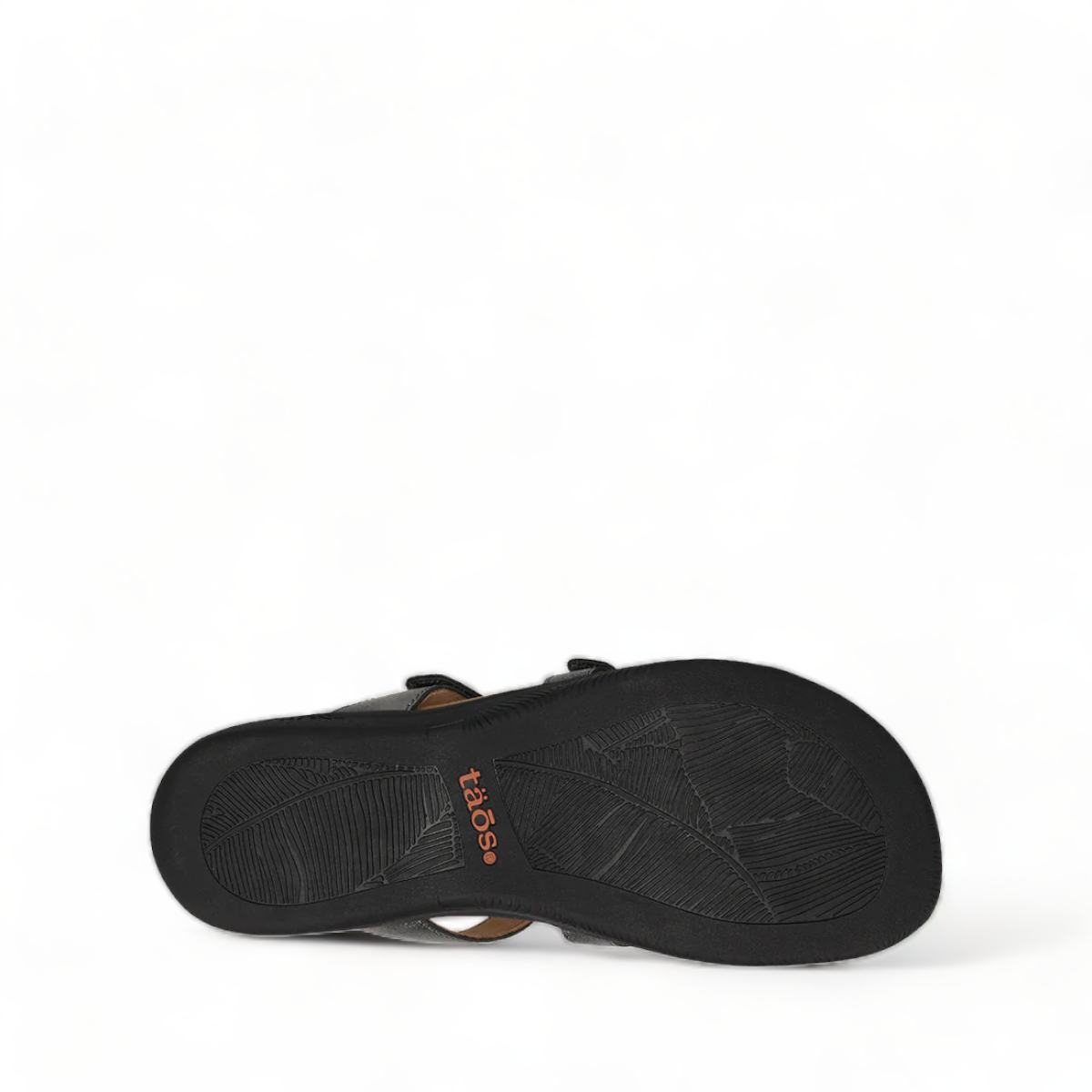 Taos Double U pewter leather slide sandal with adjustable hook and loop straps and cushioned footbed. Photo of bottom view.