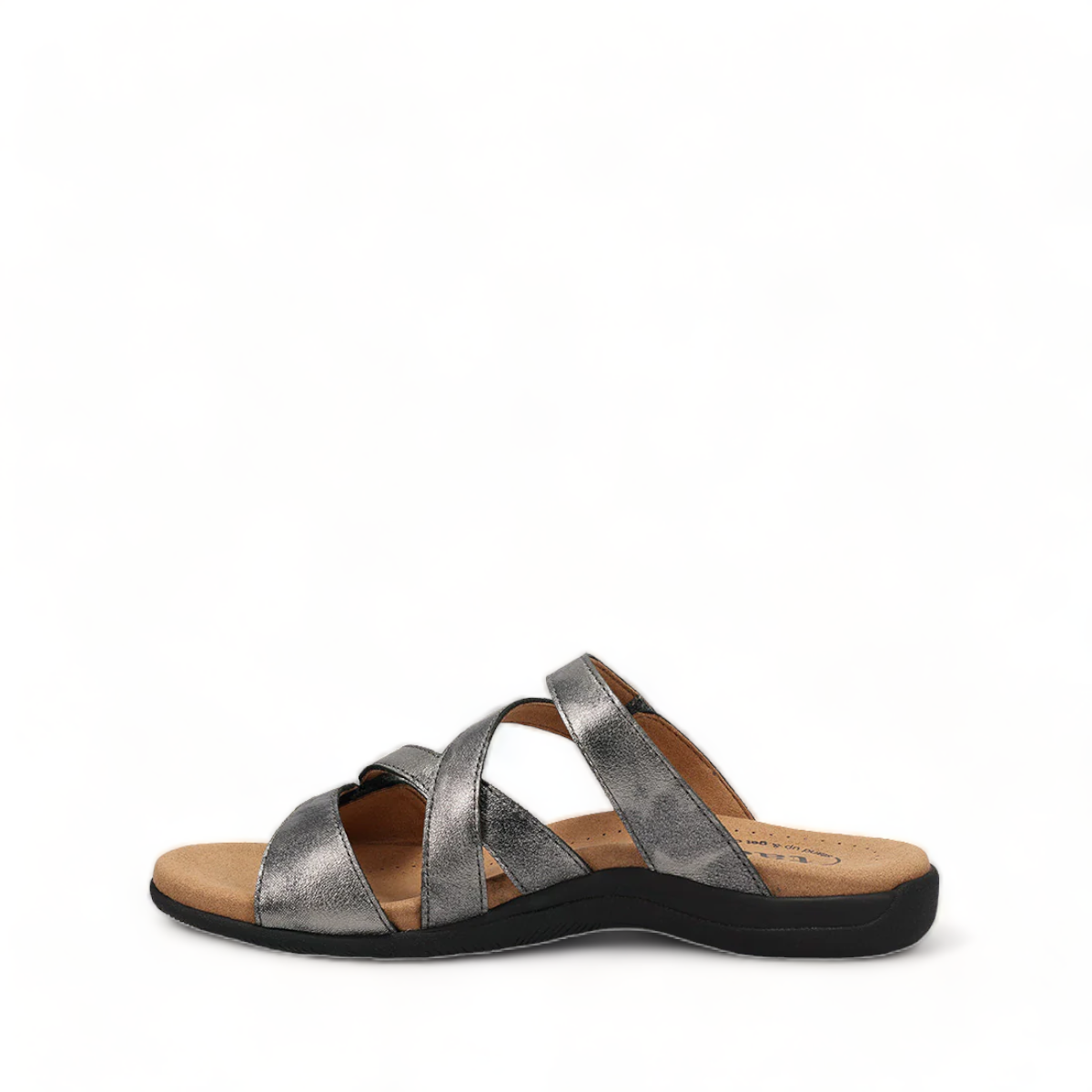 Taos Double U pewter leather slide sandal with adjustable hook and loop straps and cushioned footbed. Photo of inside side view.