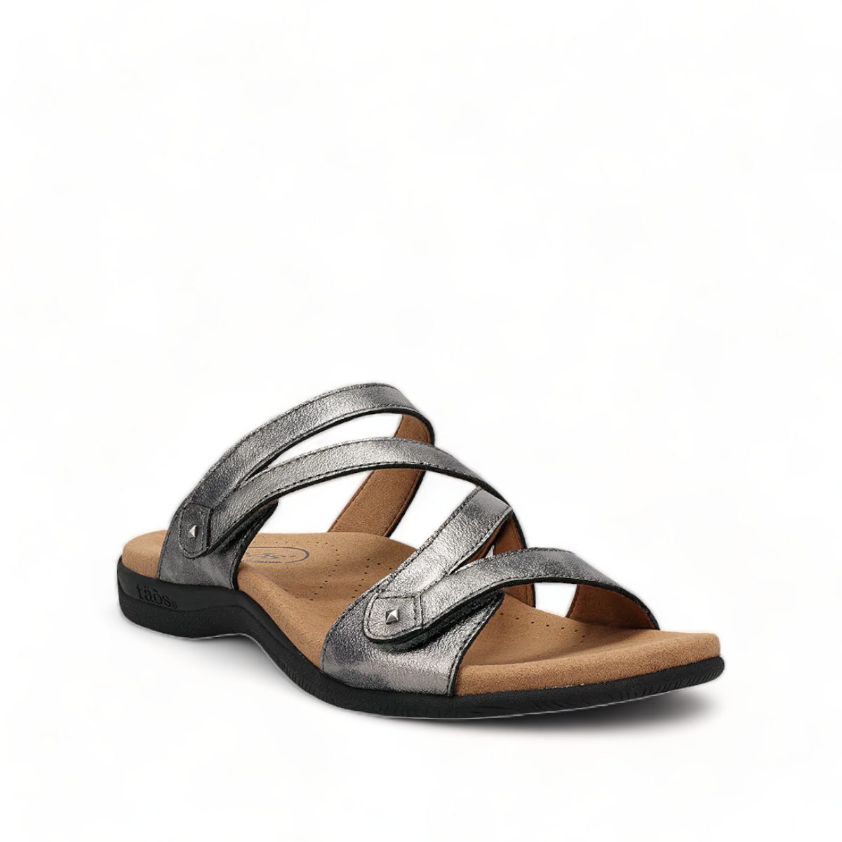 Taos Double U pewter leather slide sandal with adjustable hook and loop straps and cushioned footbed. Photo of front view.