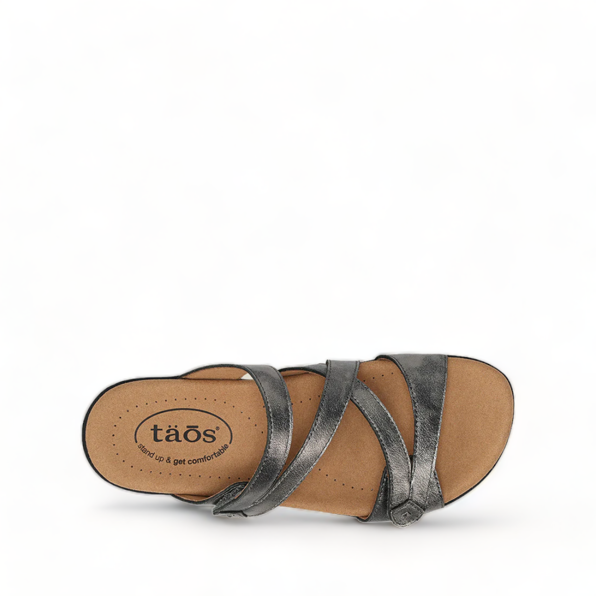 Taos Double U pewter leather slide sandal with adjustable hook and loop straps and cushioned footbed. Photo of upper view.