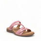 Taos Double U rustic pink leather slide sandal with adjustable hook and loop straps and arch support. Photo of front view.