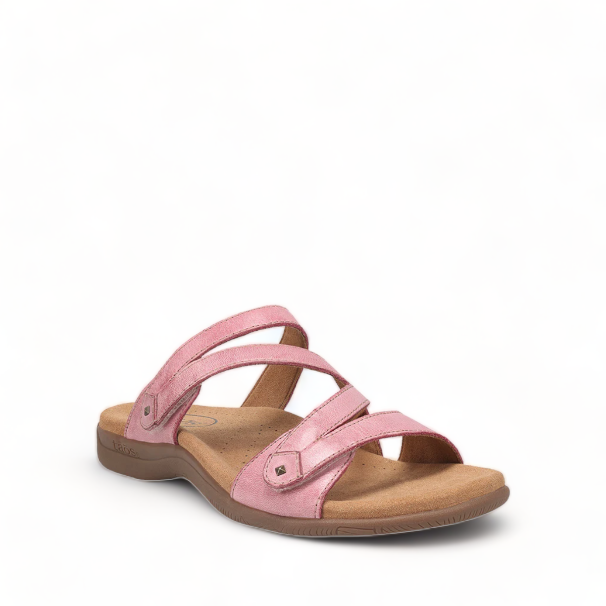 Taos Double U rustic pink leather slide sandal with adjustable hook and loop straps and arch support. Photo of front view.