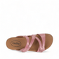 Taos Double U rustic pink leather slide sandal with adjustable hook and loop straps and arch support. Photo of upper view.
