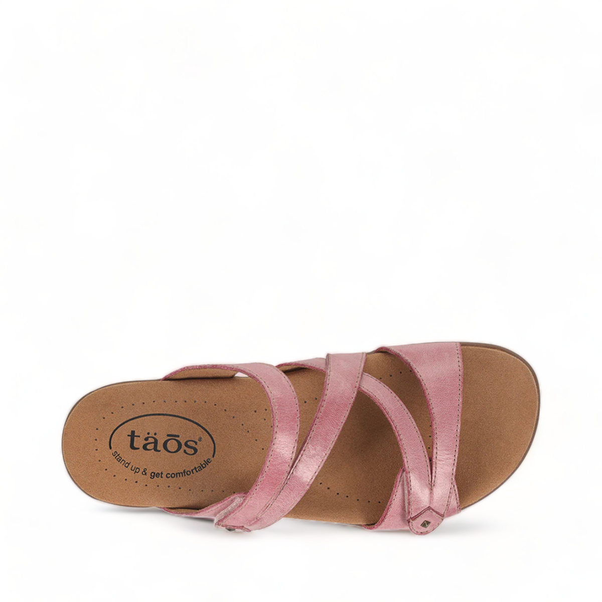 Taos Double U rustic pink leather slide sandal with adjustable hook and loop straps and arch support. Photo of upper view.