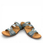 Taos Double U teal leather slide sandals with adjustable hook and loop straps and cushioned footbed. Photo of front view.