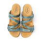 Taos Double U teal leather slide sandals with adjustable hook and loop straps and cushioned footbed. Photo of upper view.