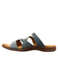 Taos Double U teal leather slide sandals with adjustable hook and loop straps and cushioned footbed. Photo of right side view.