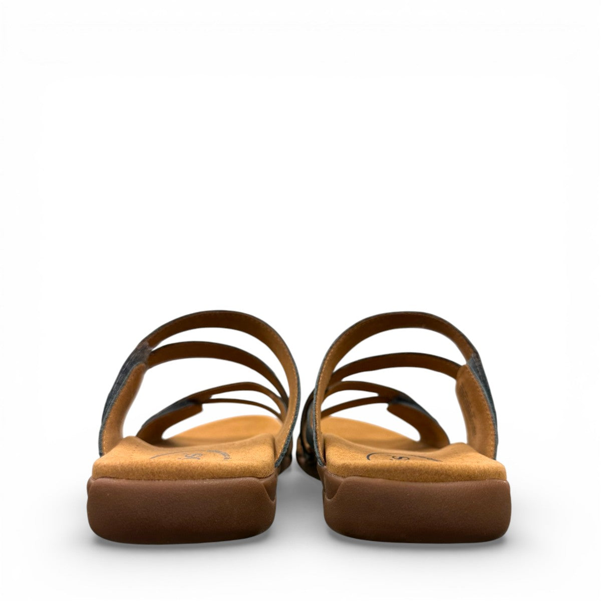 Taos Double U teal leather slide sandals with adjustable hook and loop straps and cushioned footbed. Photo of back view.