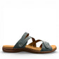 Taos Double U teal leather slide sandals with adjustable hook and loop straps and cushioned footbed. Photo of right side view.
