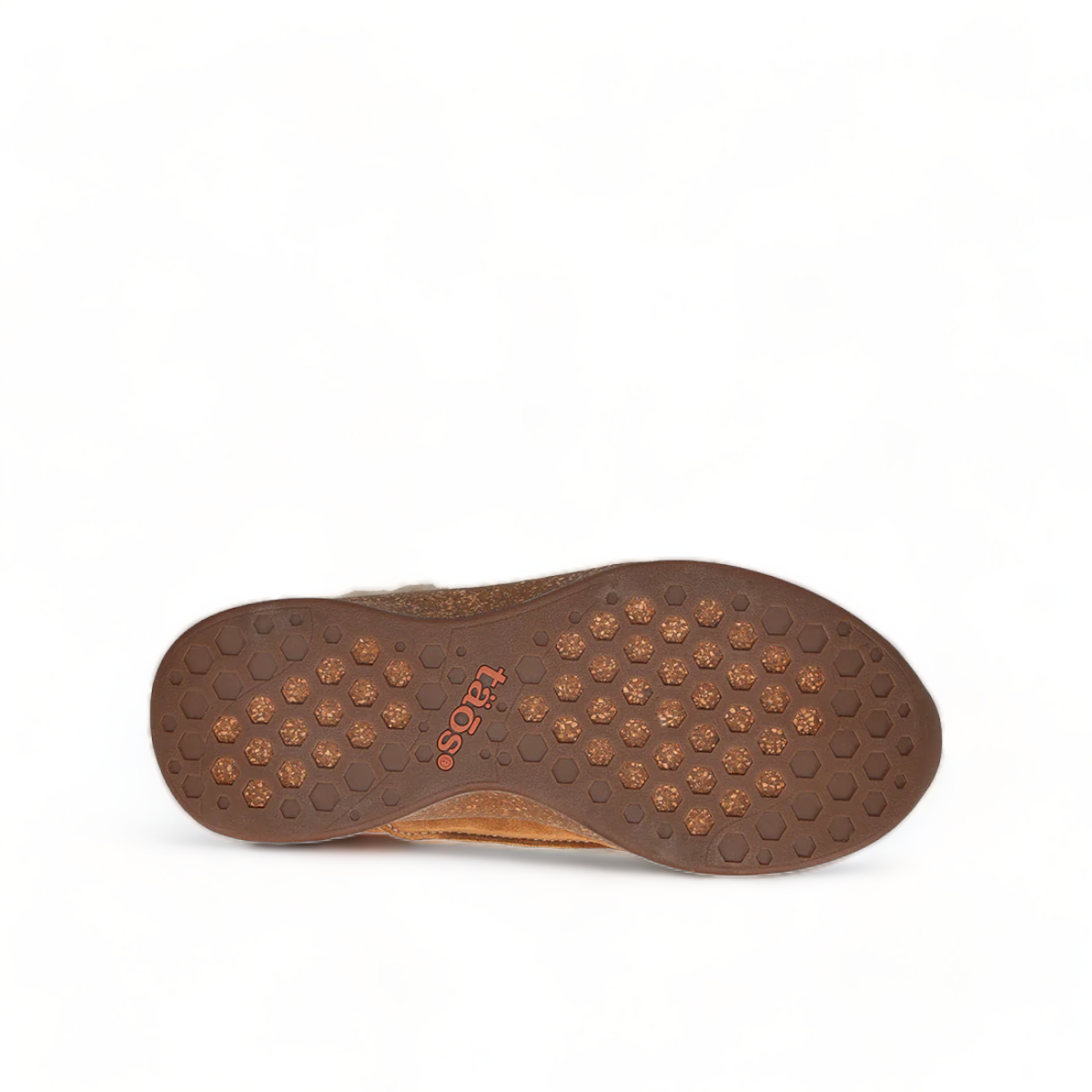 Taos Future chestnut suede clog with soft faux fur lining and supportive cork-textured midsole. Photo of bottom view.