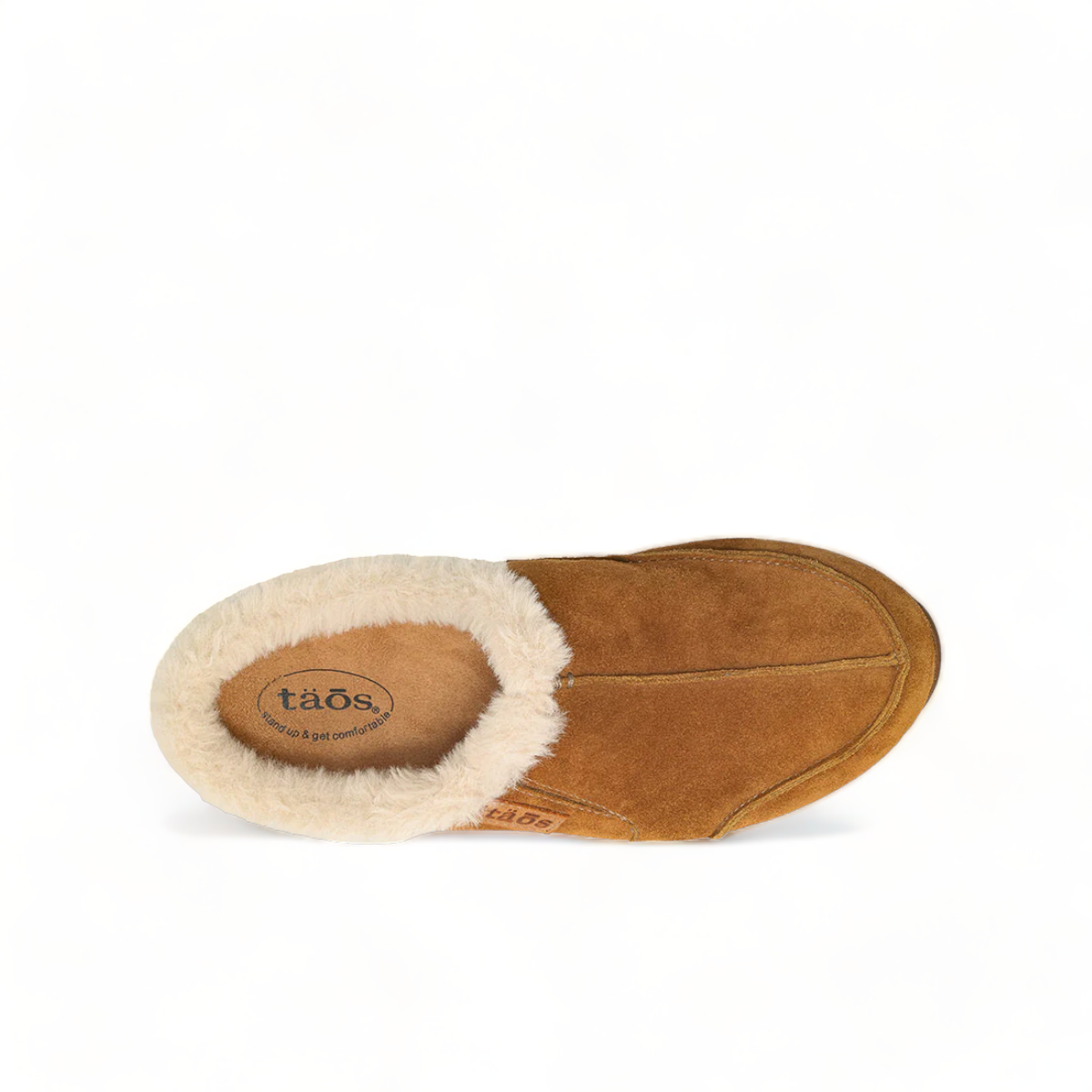 Taos Future chestnut suede clog with soft faux fur lining and supportive cork-textured midsole. Photo of upper view.