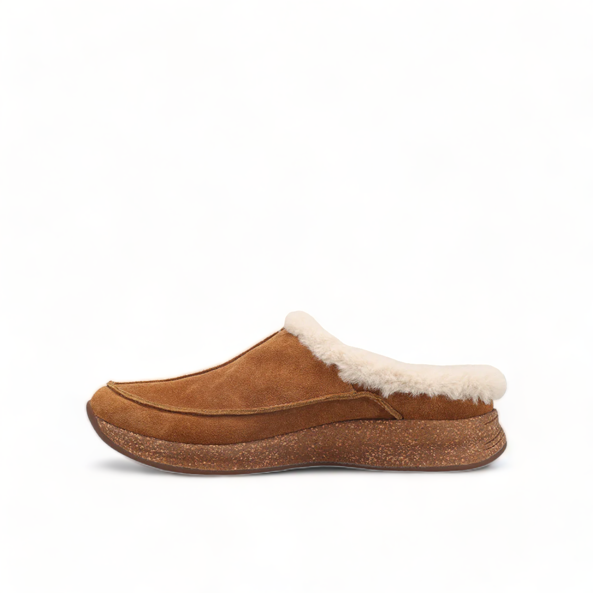 Taos Future chestnut suede clog with soft faux fur lining and supportive cork-textured midsole. Photo of left side view.